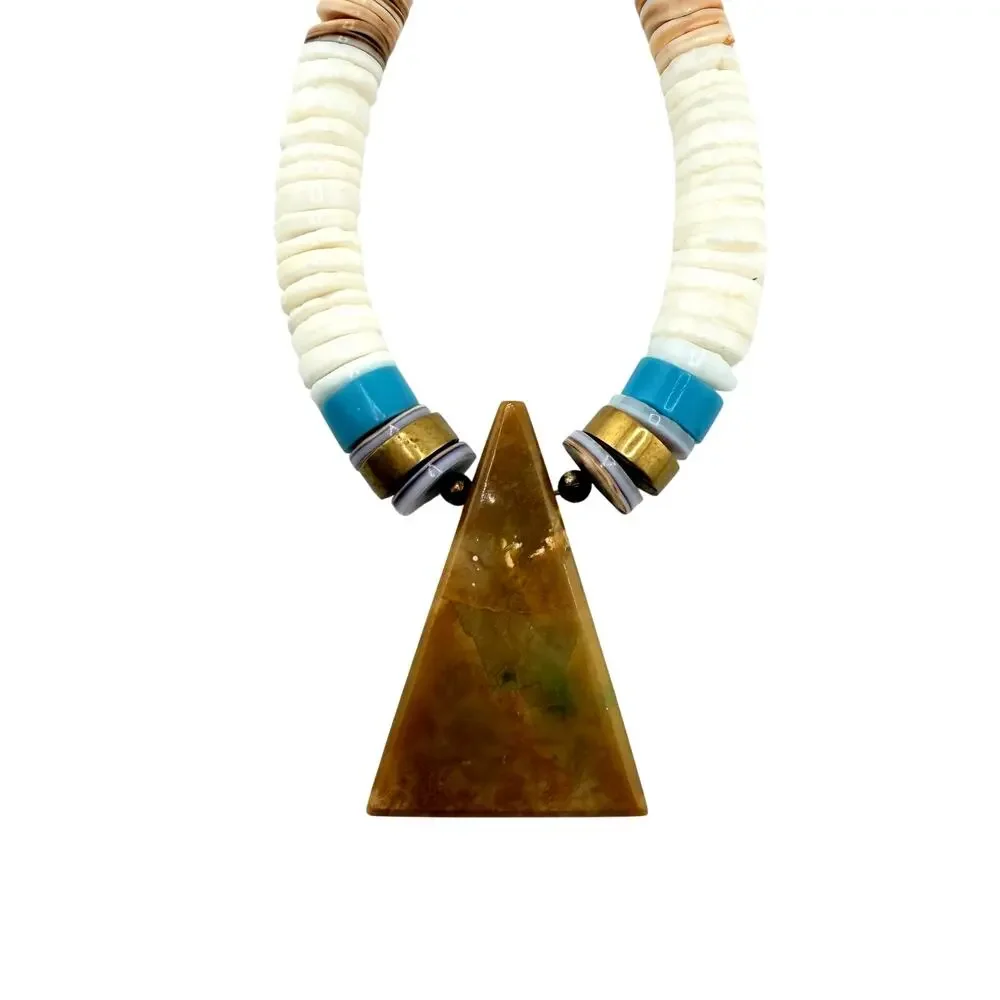 Vintage Turquoise Onyx Jasper Inlay Pendant Heshi Shell Brass Bead 17